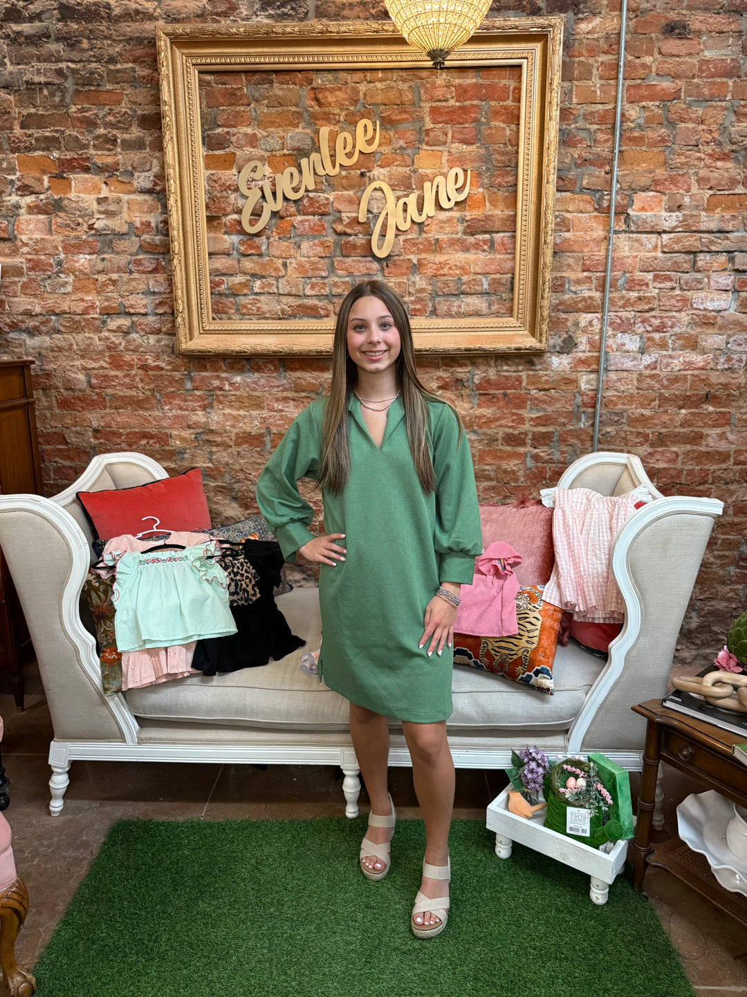 Hadley Green Dress in vibrant green, available in sizes XS-XL. Simple, elegant design showcased on model.