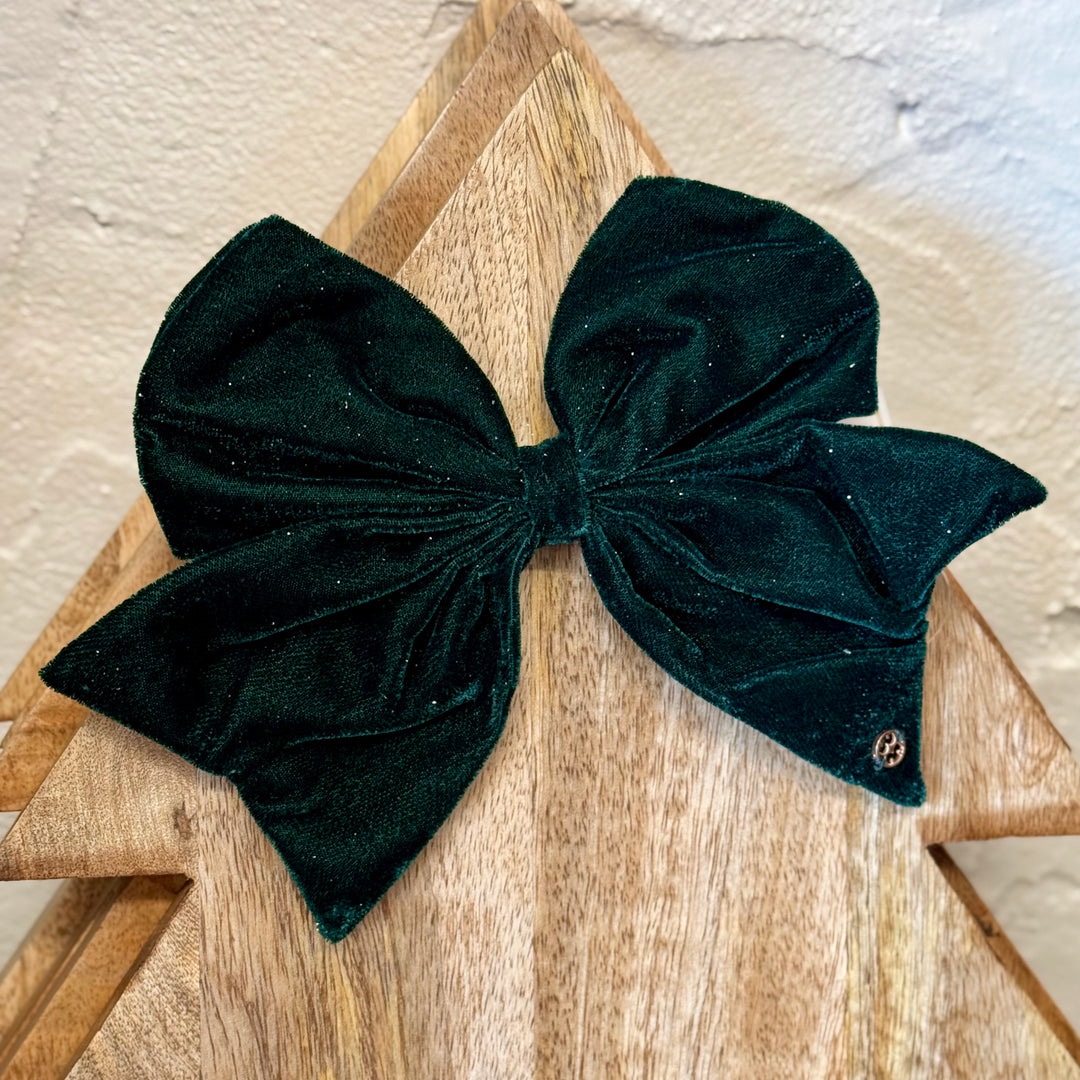 Dark green fabric Holiday Magnetic Bows with metallic logo accent. Available in various sizes.