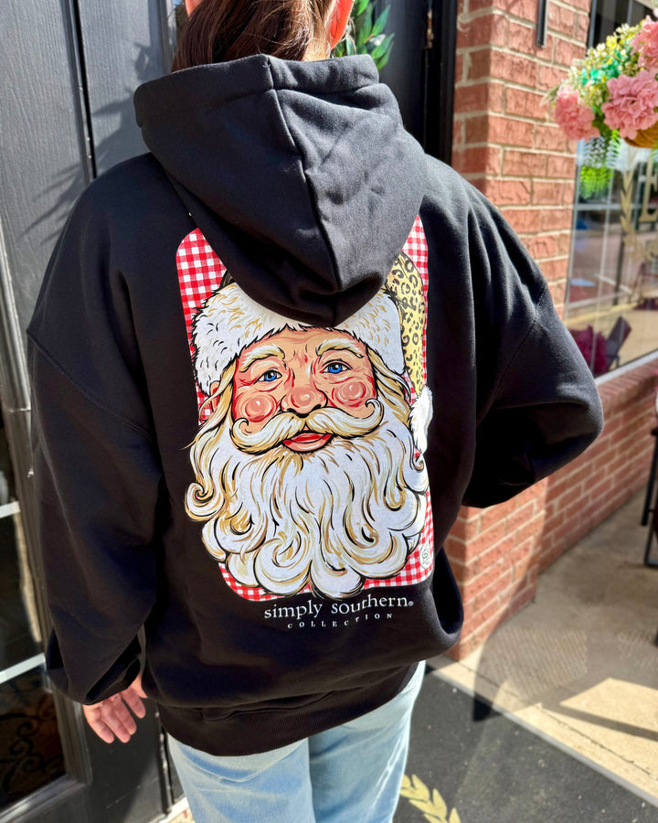 Merry Vibes Santa Hoodie with a back graphic of a smiling Santa Claus on a red and white checkered rectangle. Available in various sizes.