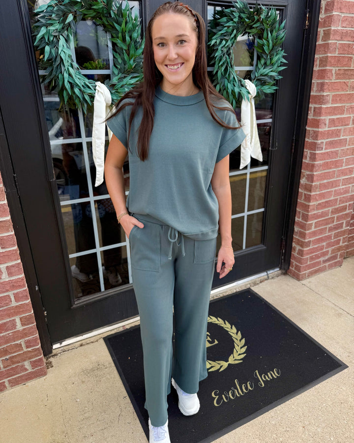 Teal Scout Ribbed Set with short-sleeved crew-neck top and wide-leg drawstring pants with pockets.
