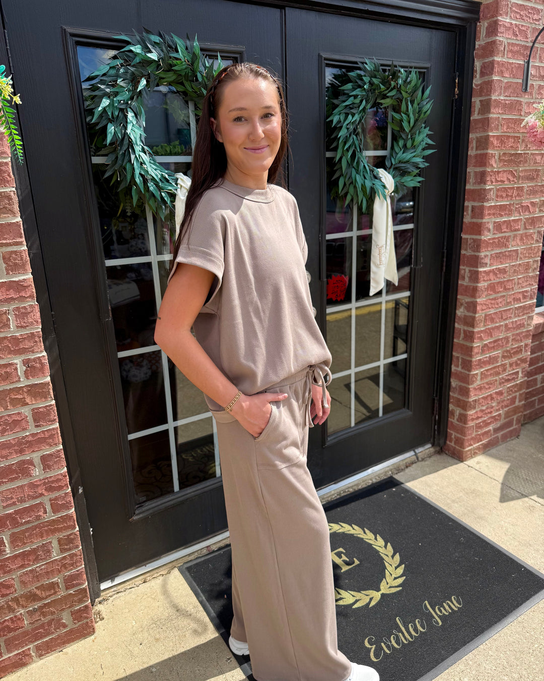 Scout Ribbed Set: taupe short-sleeved top and wide-leg drawstring pants. Available in sizes XS-XL.