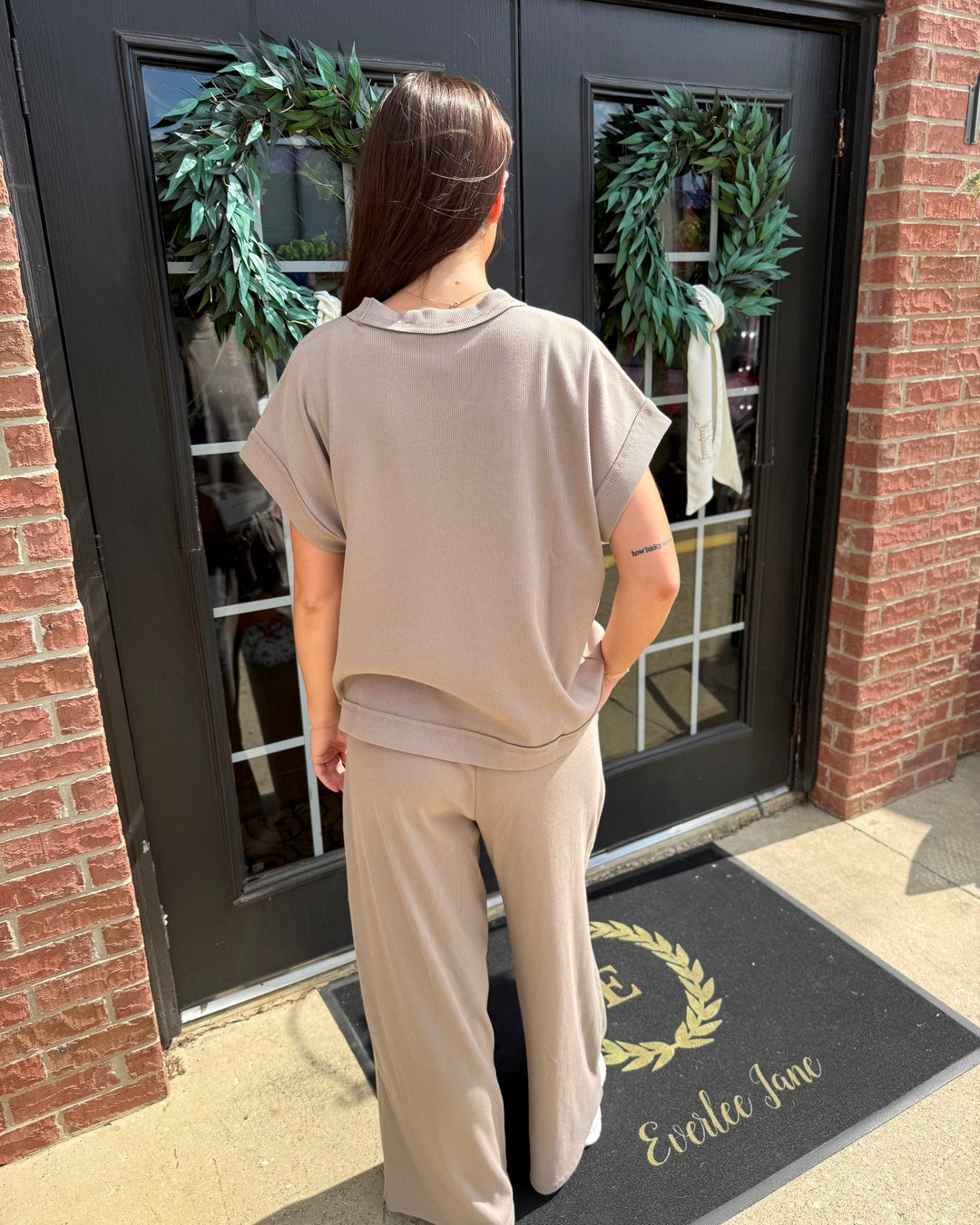 Taupe Scout Ribbed Set: collared short-sleeved top and wide-leg pants.
