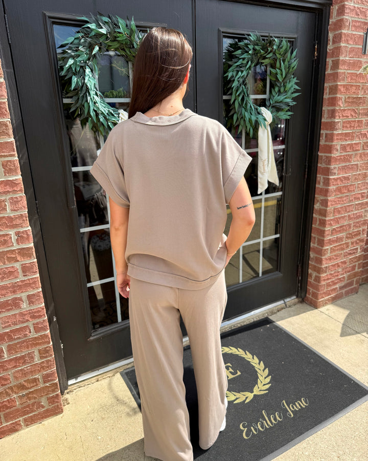 Taupe Scout Ribbed Set: collared short-sleeved top and wide-leg pants.