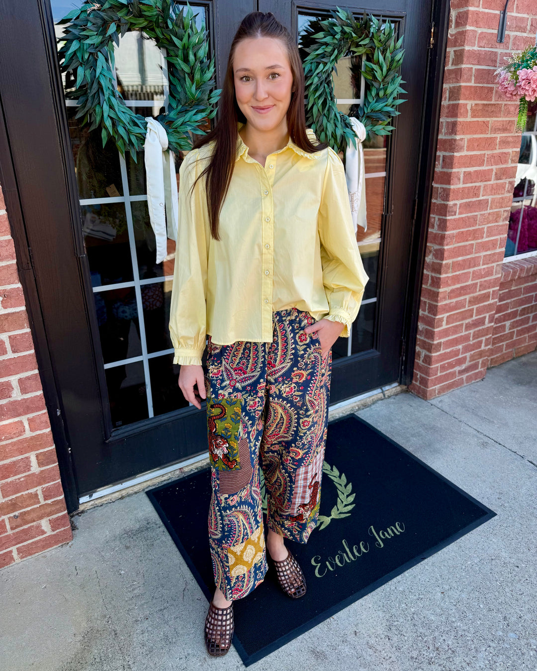 Tiger Barrel Pant, wide-leg cropped silhouette, multicolored paisley and floral patchwork print. Sizes available: [Insert Sizes].