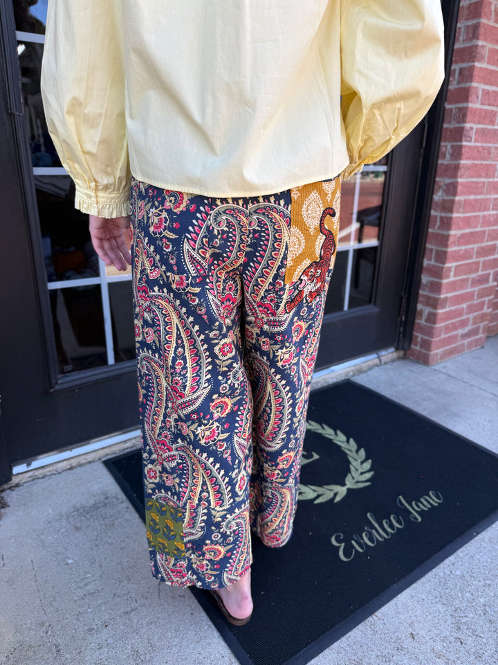 Tiger Barrel Pant in navy paisley with mustard yellow and tiger-print patchwork. Available in all sizes.