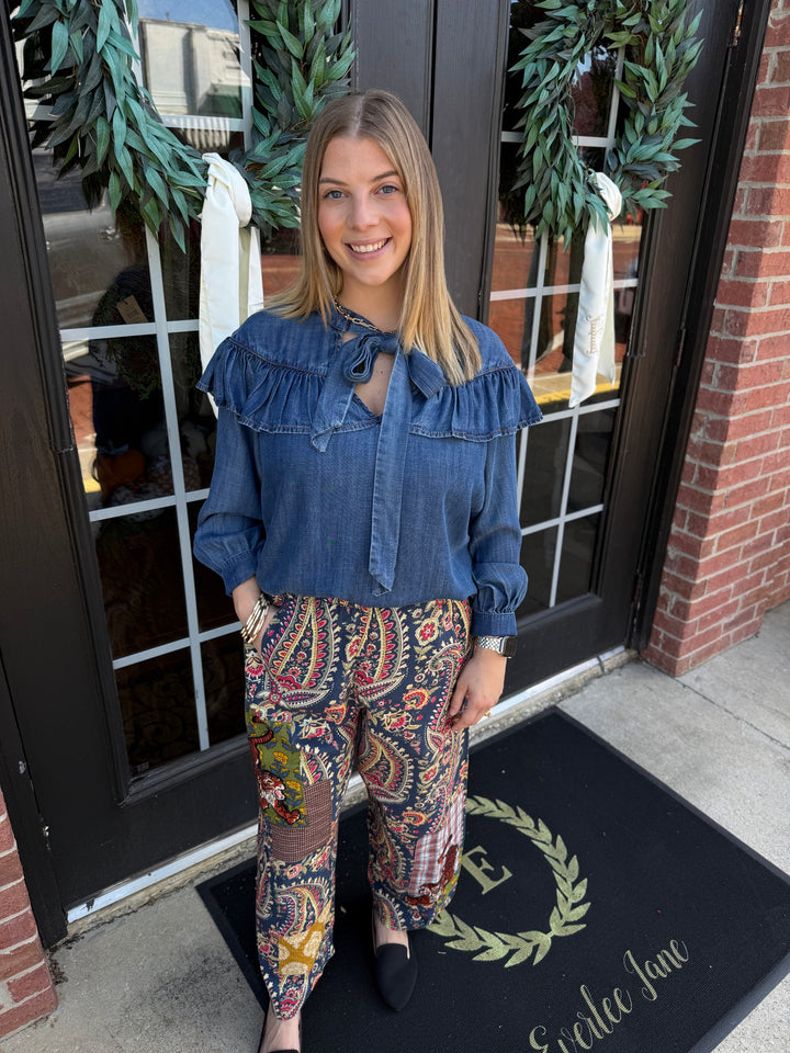 Tiger Barrel wide-leg pants in colorful paisley and patchwork print. Available in multiple sizes.