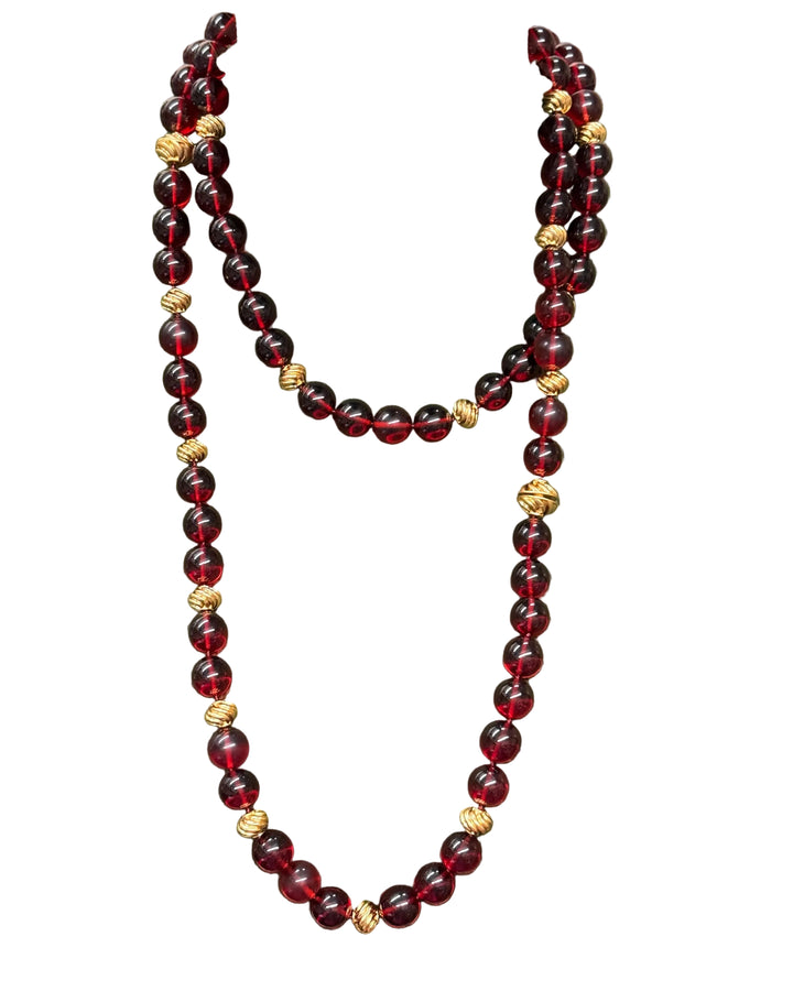 Ravello 5-in-1 Gold Necklace in cranberry, double-strand design with round cranberry beads and gold-toned textured spheres.
