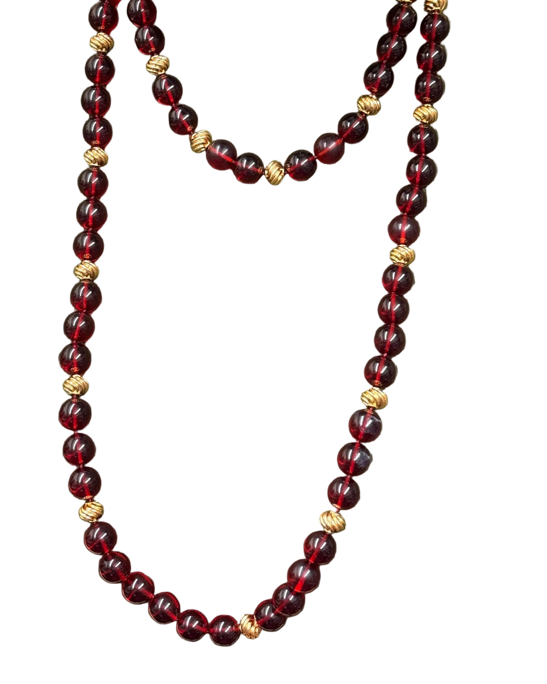 Ravello 5-in-1 Gold Necklace in cranberry, featuring adjustable spherical beads and gold-tone spacers.