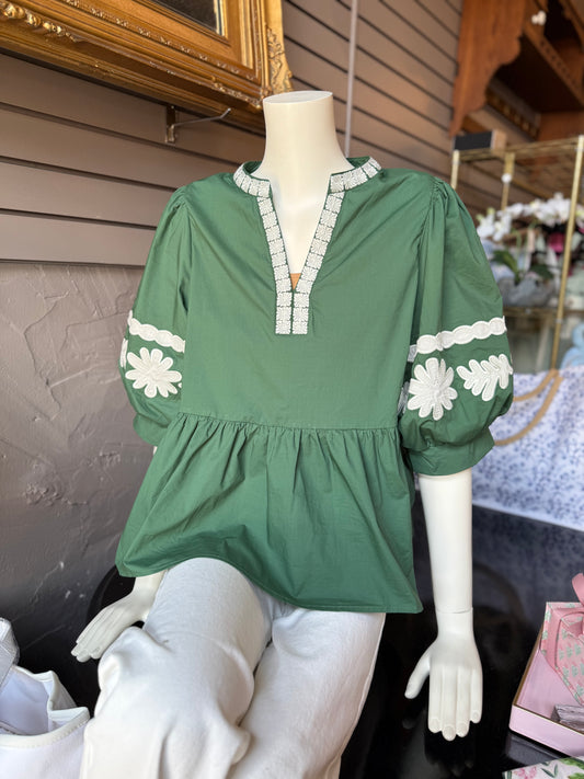 Pine Bubble Sleeve Embroidered Top