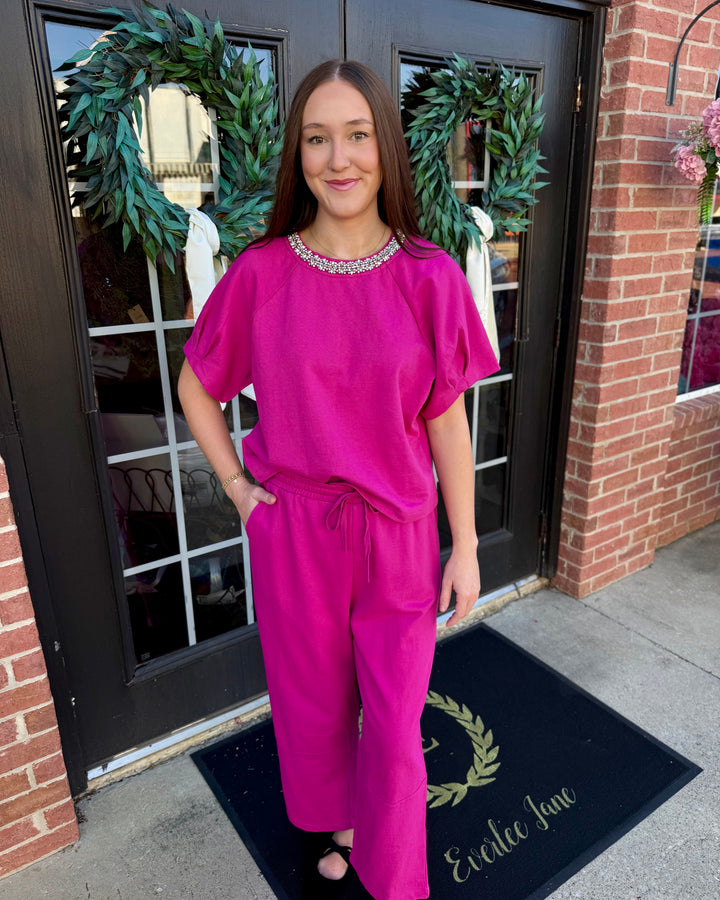 Fuchsia Sparkle Neck Top: fuchsia short-sleeved cotton top with embellished neckline and matching drawstring pants.