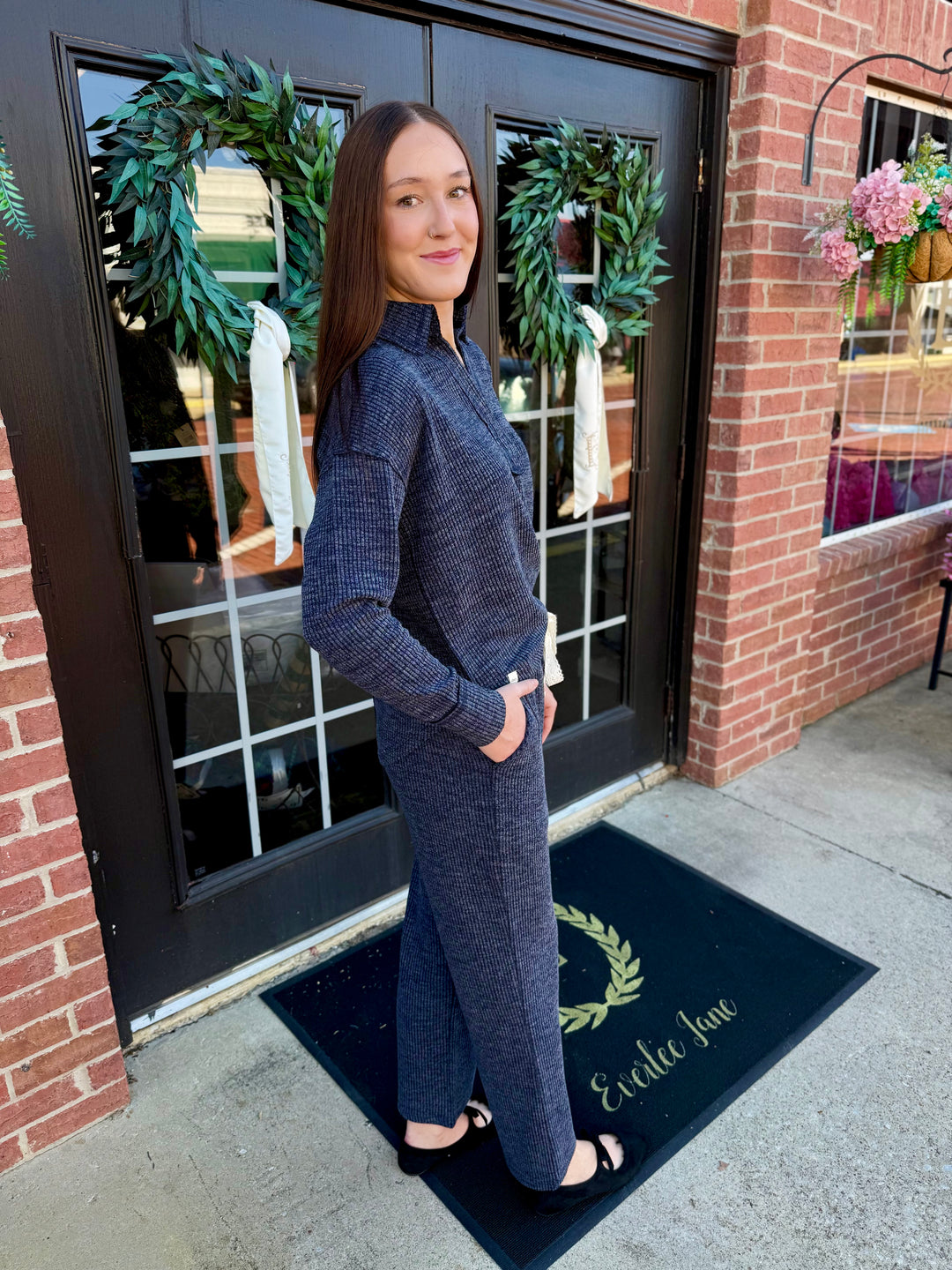Dusk Knit Cord V-Neck: dark blue V-neck cord top in textured knit with long sleeves and matching straight-leg trousers. Available in multiple sizes.