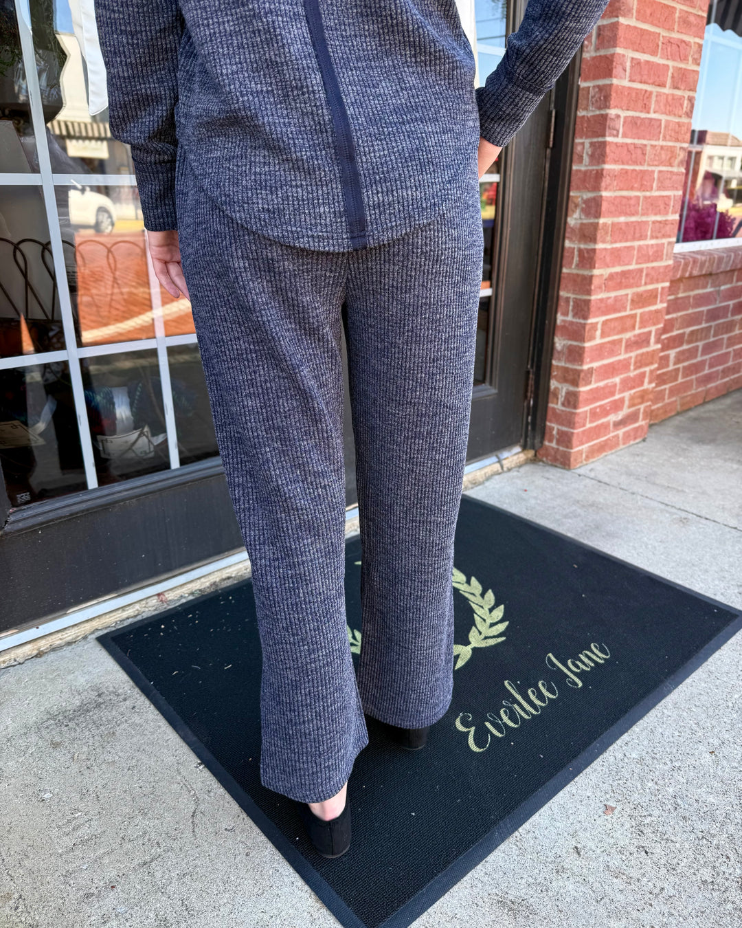 Knit Cord Pant in Dusk, dark gray ribbed wide-leg pants with an elastic waistband and straight-leg silhouette.