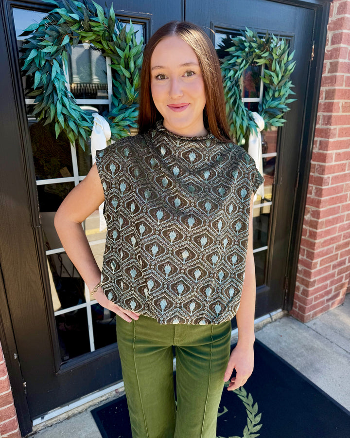 Sage Velvet Mock Neck Top in sage green velvet with a teal diamond pattern and bubble silhouette. Available in sizes XS-XL.