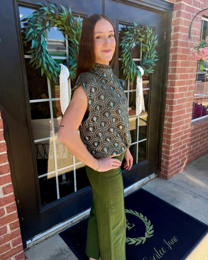 Sage Velvet Mock Neck Top, sleeveless bubble silhouette in a dark green and teal geometric pattern. Available in all sizes.