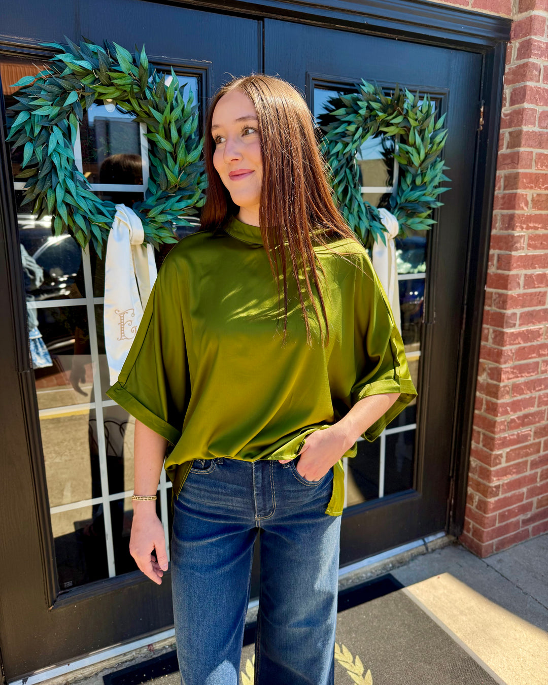Olive green satin mock neck top, oversized, short wide sleeves. Available in all sizes.