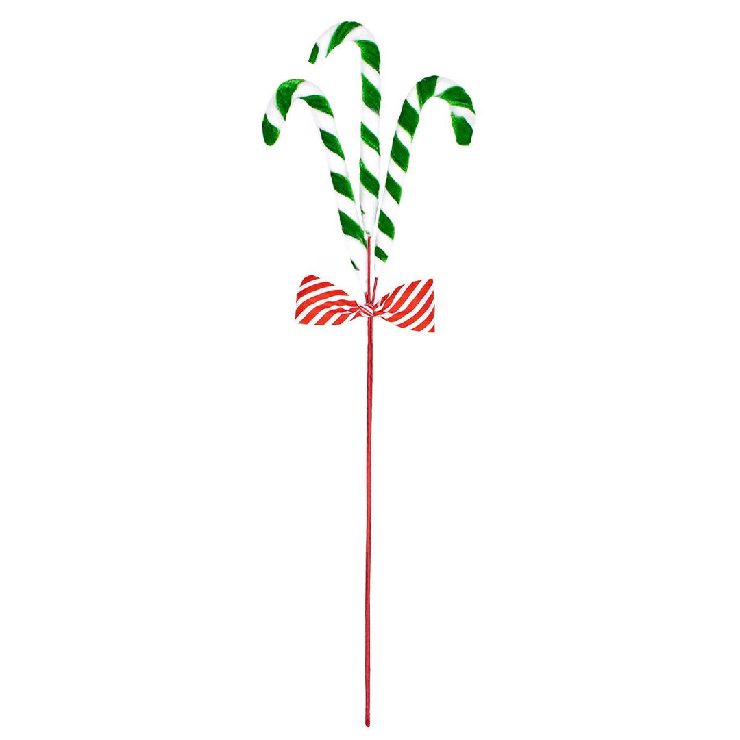 Green and white striped candy cane stem with red and white bow.