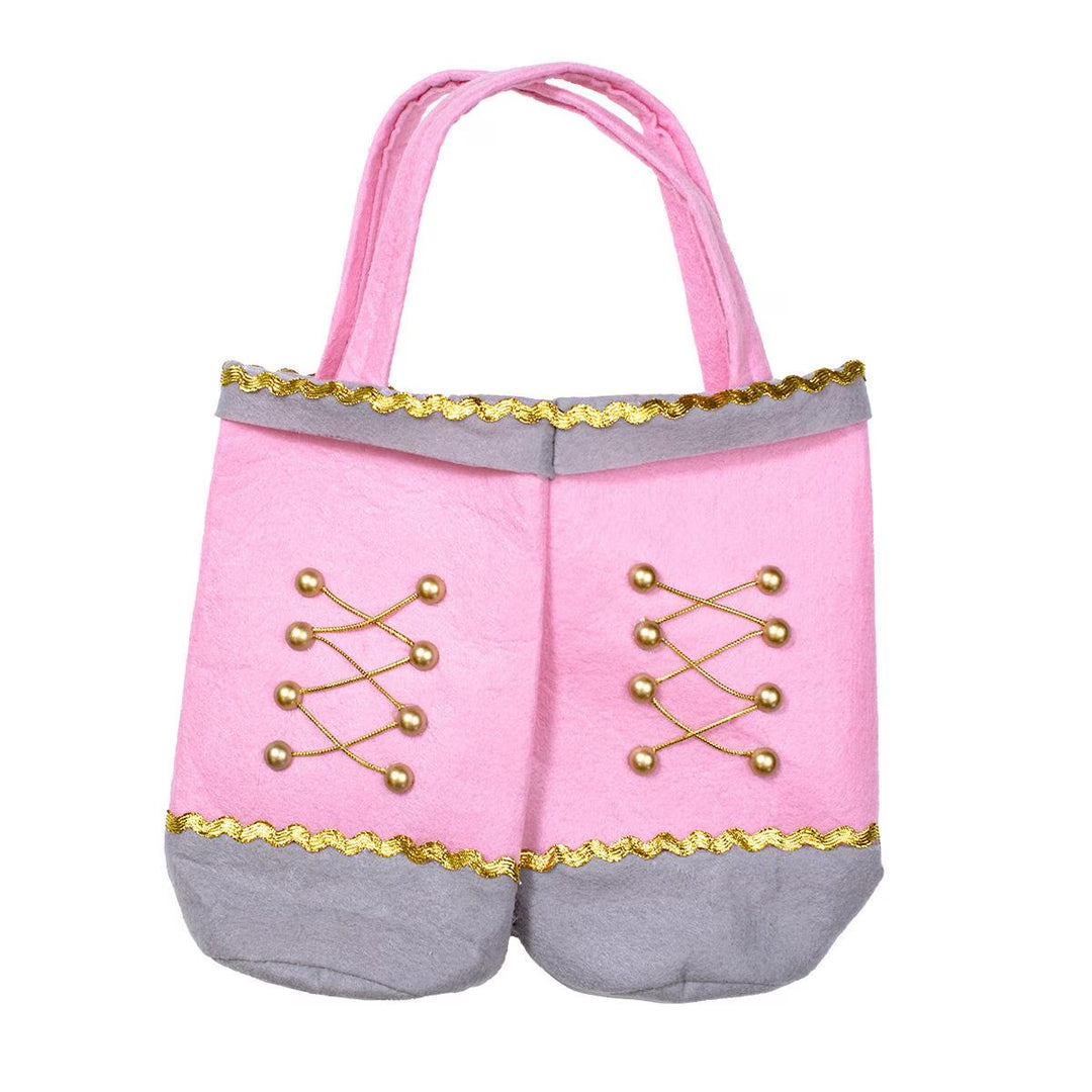 Pink and gray felt Nutcracker Boots wine tote with gold lacing and trim.