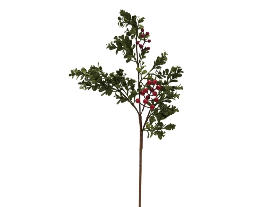 Faux boxwood stem with green leaves and red berries.