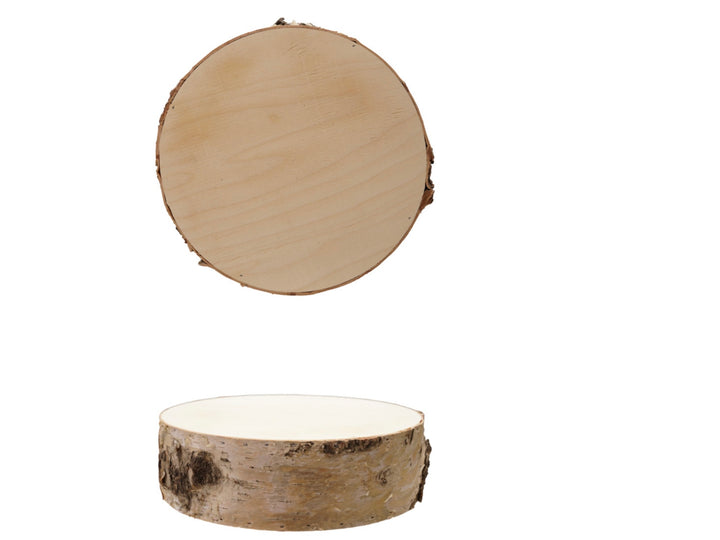 Two round, flat natural wood slices with bark edges. Available sizes: 3", 4", and 5". Great for crafts or rustic decor.