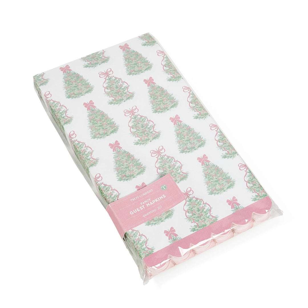 Pack of 20 Bow-tiful paper napkins with scalloped edges and pink and green Christmas tree pattern.