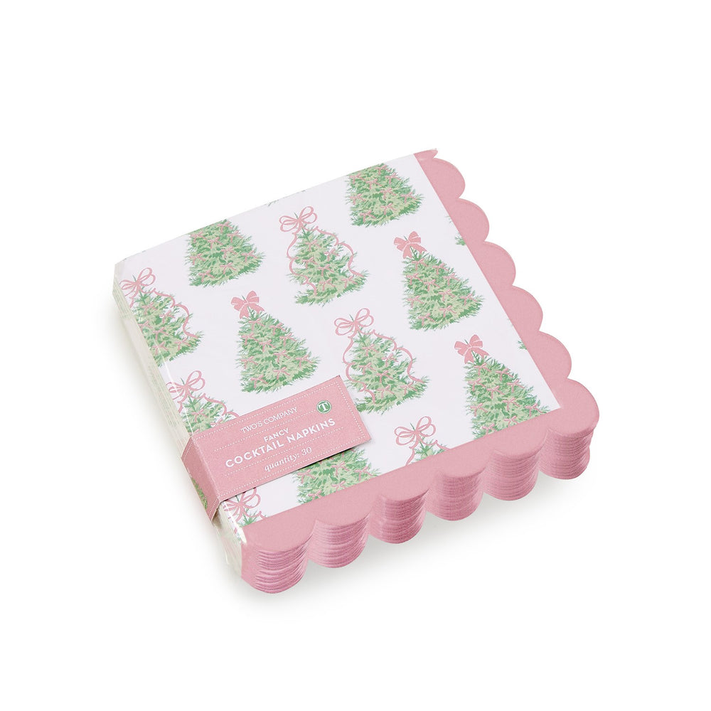 Square Bow-tiful Paper Cocktail Napkins with scalloped pink edges and a repeating green Christmas tree and pink bow pattern.
