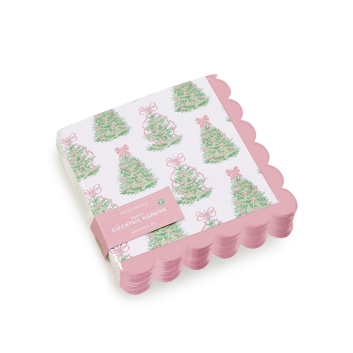 Square Bow-tiful Paper Cocktail Napkins with scalloped pink edges and a repeating green Christmas tree and pink bow pattern.