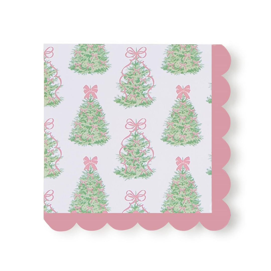 Square Bow-tiful Paper Cocktail Napkins with scalloped pink edges and watercolor holiday trees with pink bows.