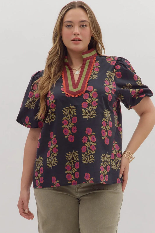 Floral Print Bubble Sleeve Top