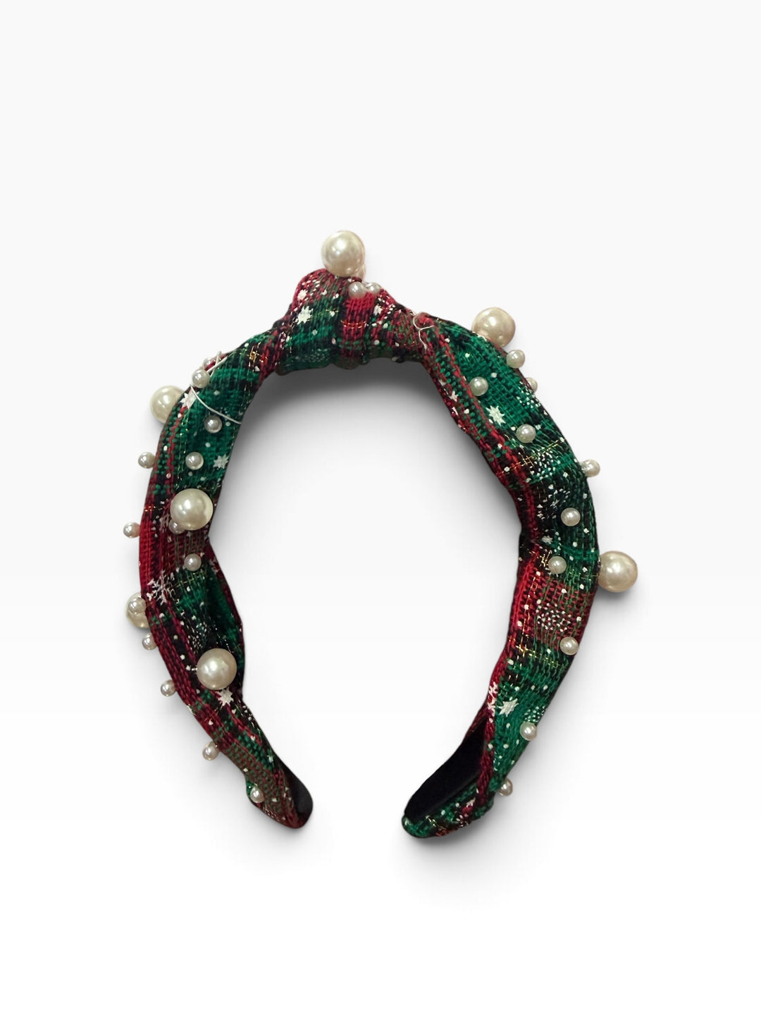 Festive green and red plaid headband with white pearls. Available in various sizes.