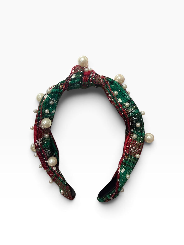 Festive green and red plaid headband with white pearls. Available in various sizes.