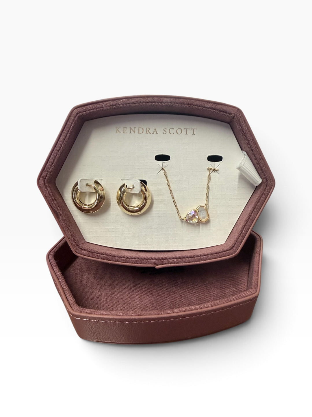 Kendra Scott Tatum Necklace and Hoop Earrings Box Set featuring gold hoop earrings and a delicate chain necklace with a pear-shaped gemstone pendant.