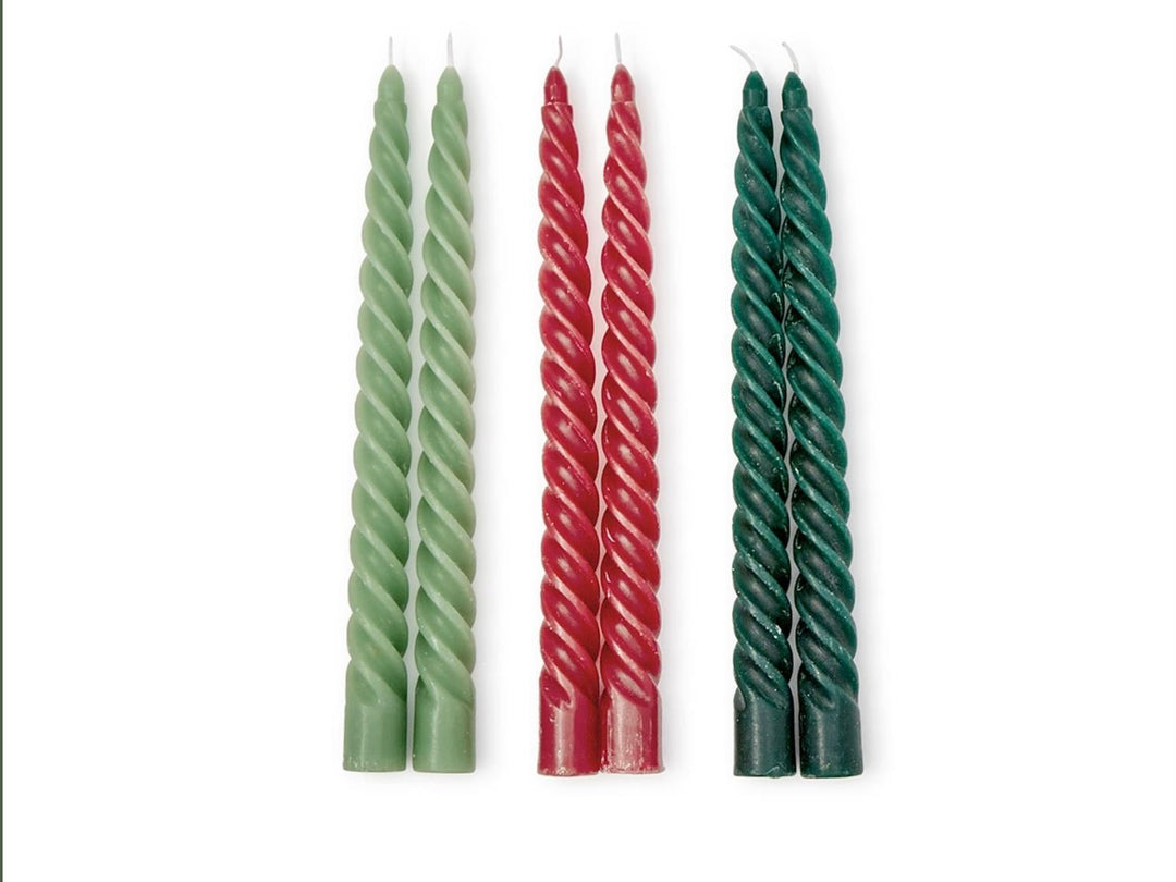 Six Twist Taper candles in light green, red, and dark green.
