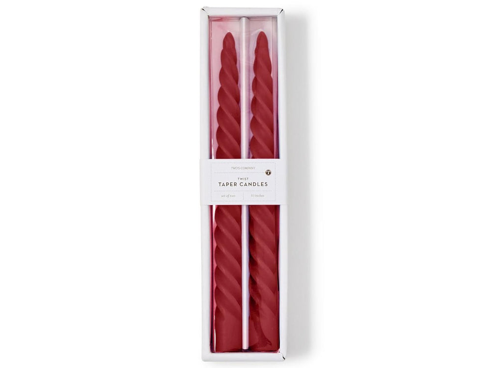 Two 10-inch red Twist Taper candles.