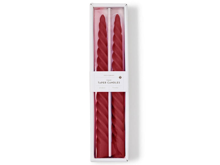 Two 10-inch red Twist Taper candles.