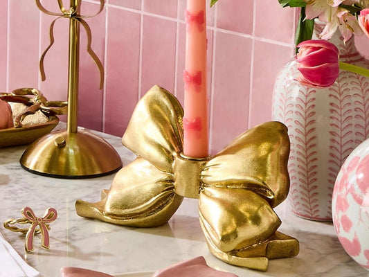 Gold Bow Taper Candle Holder