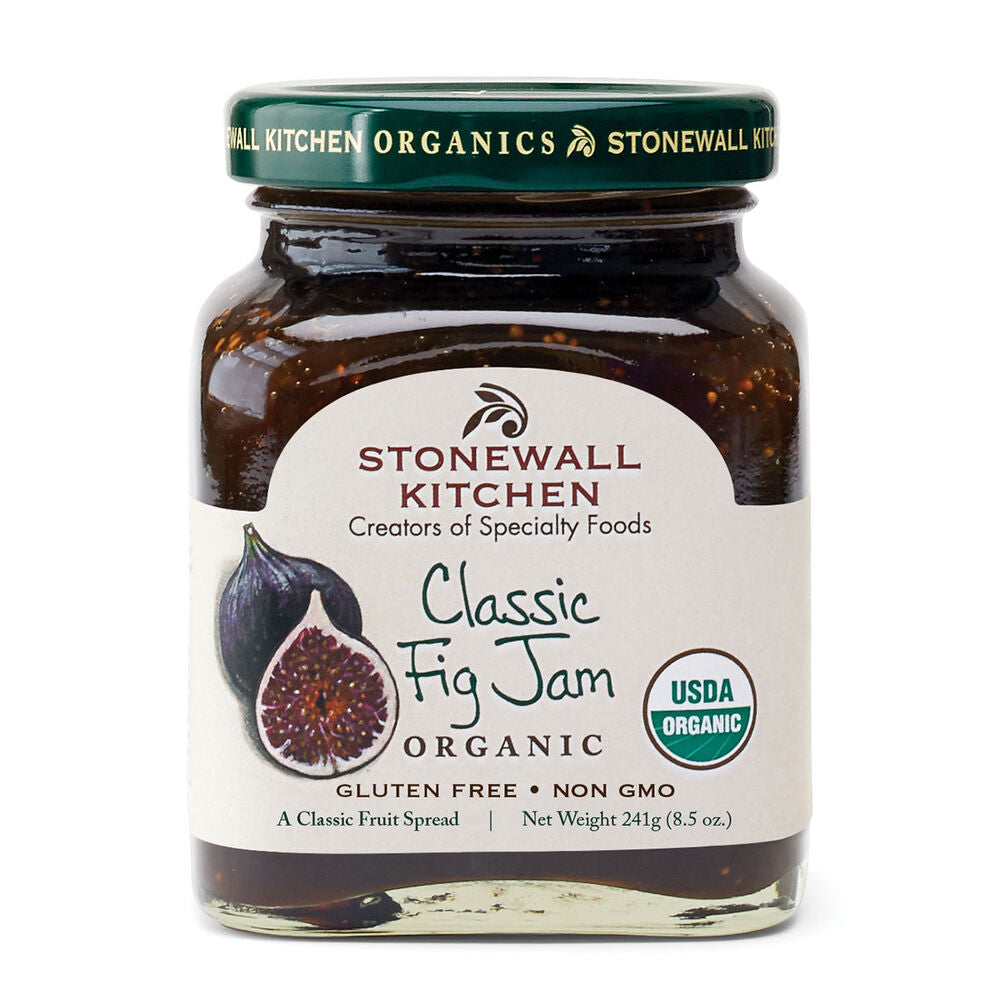 Organic Classic Fig Jam, 241g (8.5 oz.), fig illustration, green lid labeled Stonewall Kitchen Organics. Gluten Free, Non GMO.
