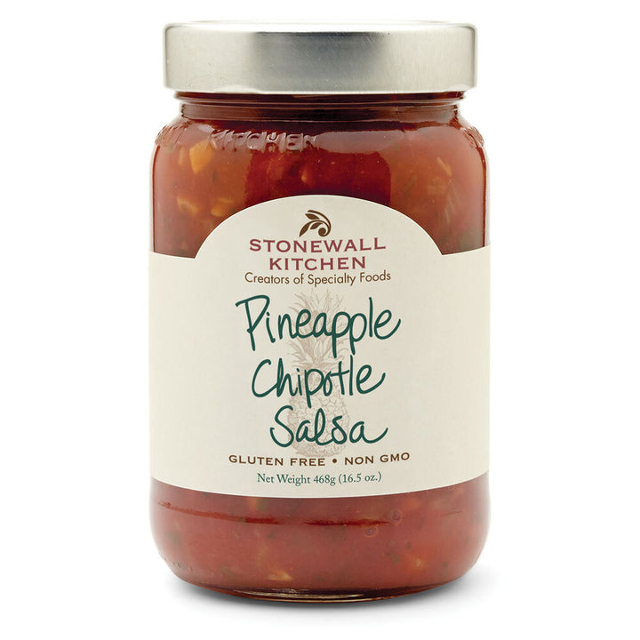 16.5 oz jar of Pineapple Chipotle Salsa with a white label showing gluten free and non-GMO details, sealed with a metal lid.