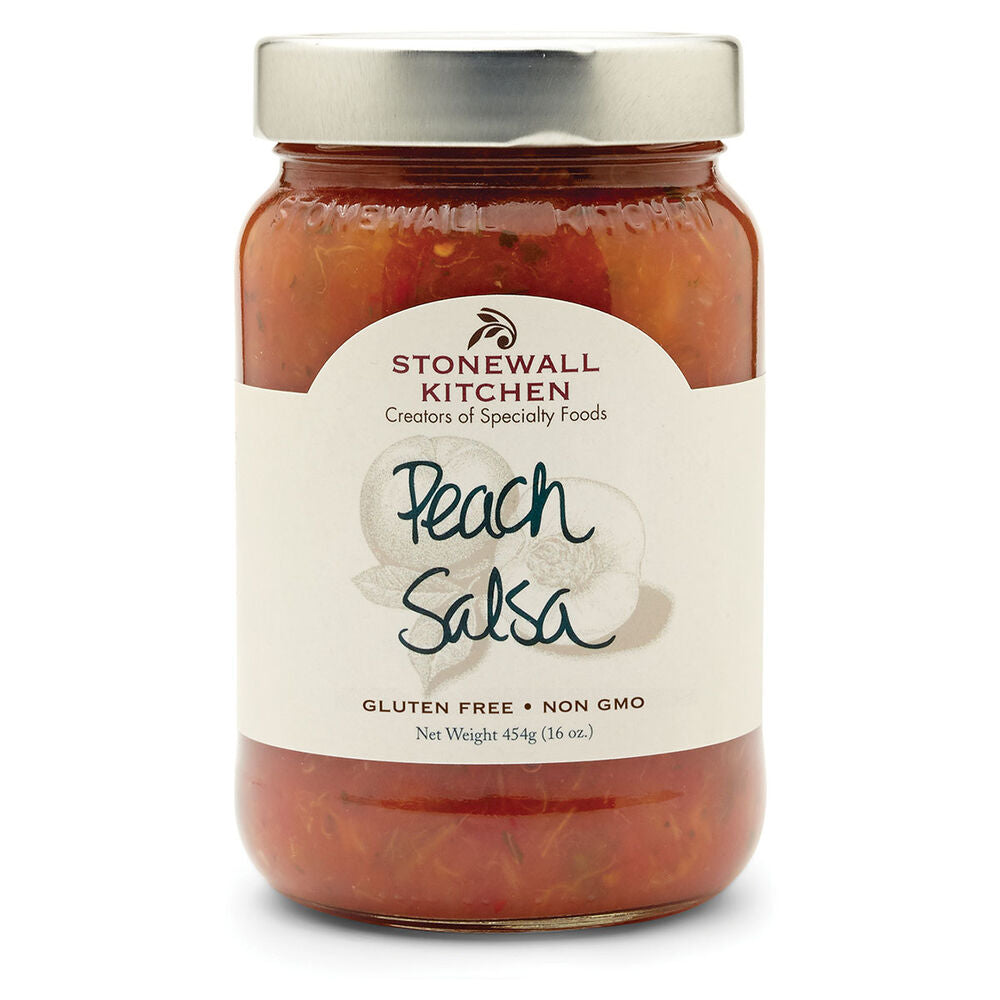 16 oz glass jar of Peach Salsa with silver lid, labeled "Gluten Free" and "Non GMO." Net weight: 454g (16 oz).