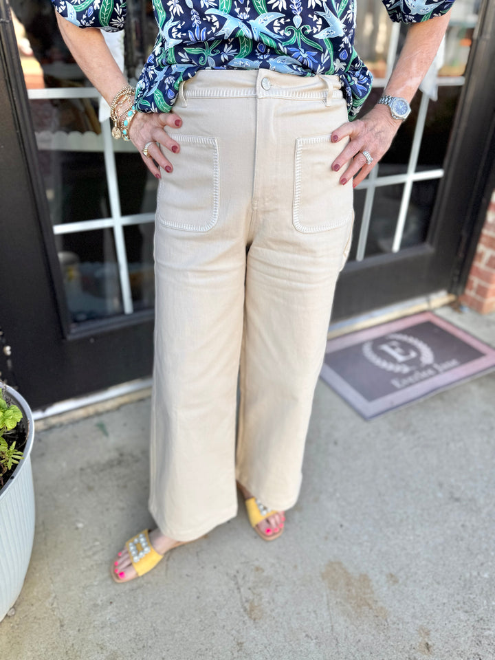 Ecru Cream Stitched Wide Leg Jeans shown; available in sizes 24–32.