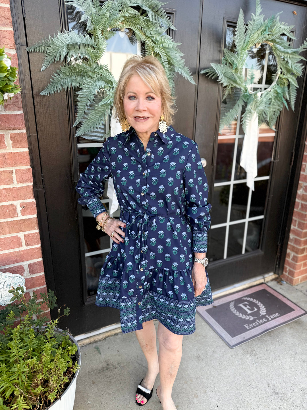 Maya Floral Foulard Blue Dress—available in XS, S, M, L, XL.