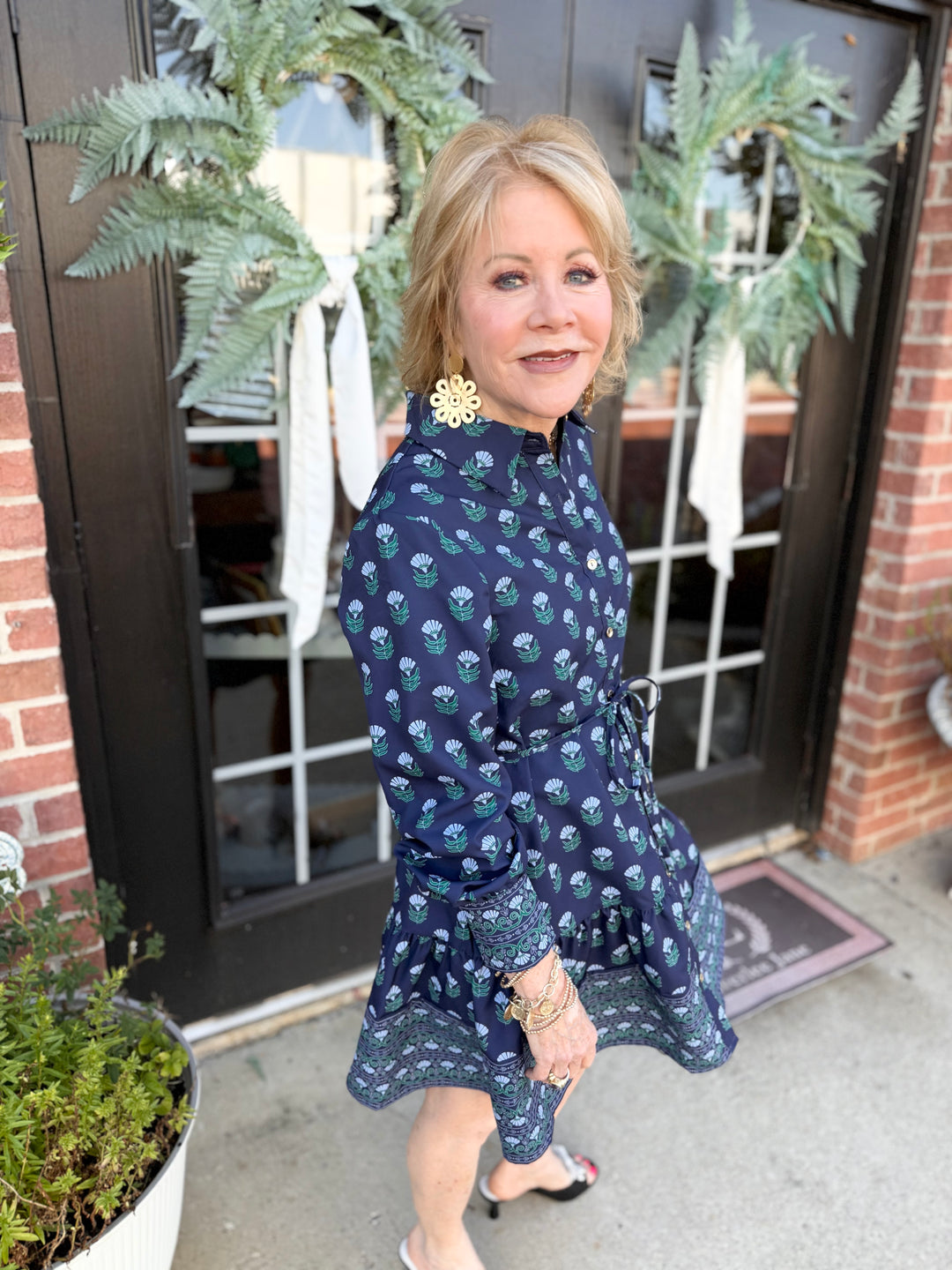 Maya Floral Foulard Blue Dress with removable belt, available in sizes XS-XL.