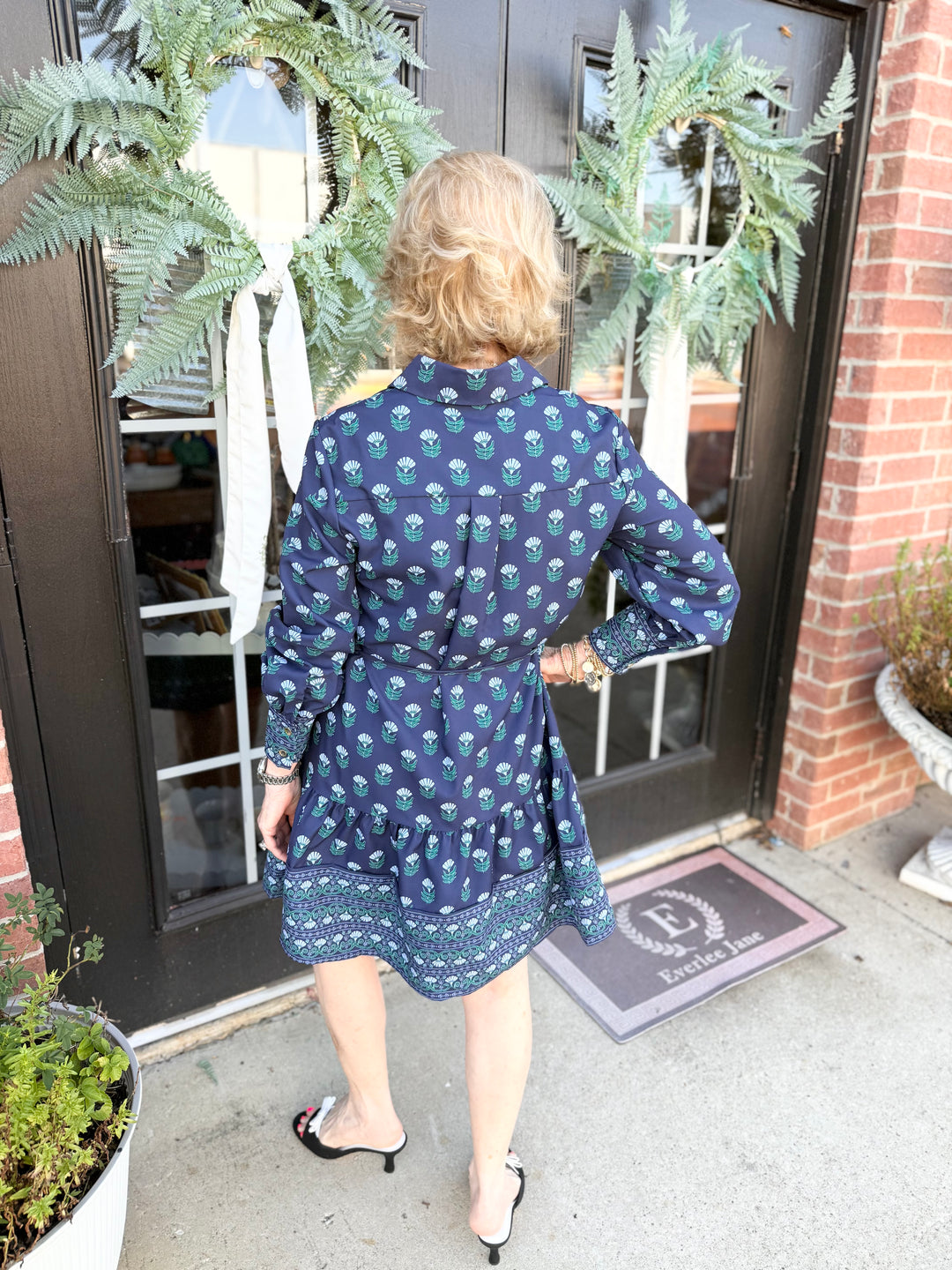 Maya Floral Foulard Blue Dress with long sleeves, green patterns, removable belt. Available in XS–XL.