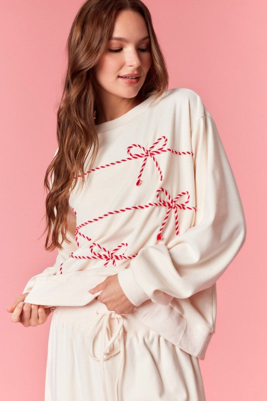 Twist Bow Cord Detail Crewneck Sweatshirt