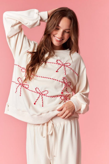 Twist Bow Cord Detail Crewneck Sweatshirt