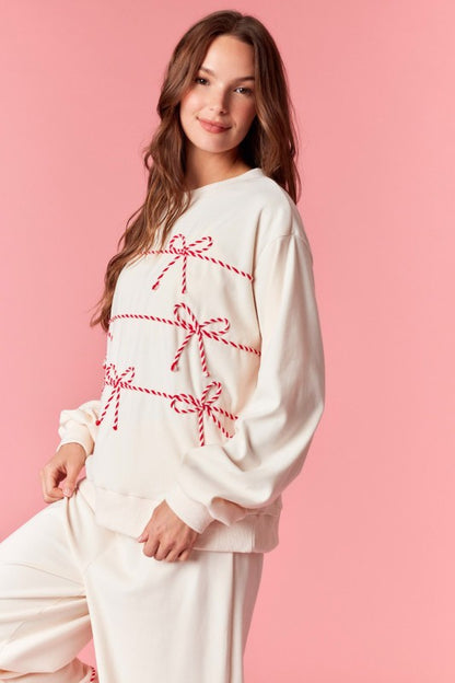 Twist Bow Cord Detail Crewneck Sweatshirt