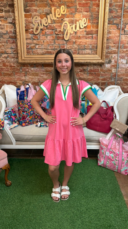 Carissa Dress in Pink + White, available in sizes XS-XL.