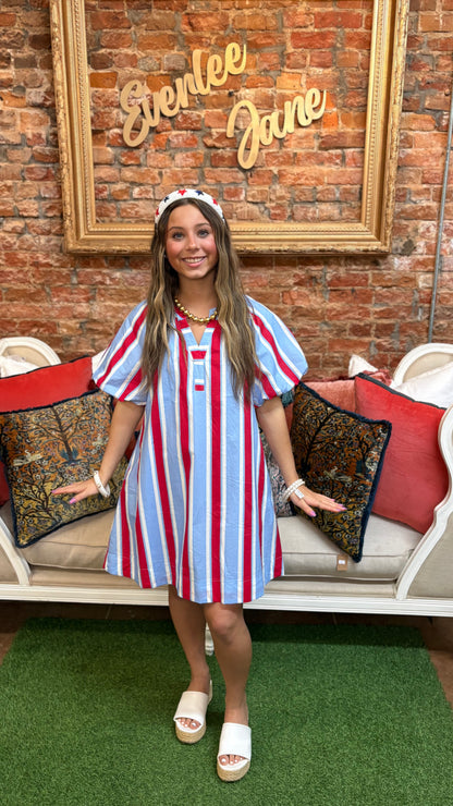American Darling Stripe Dress with puff sleeves; available in sizes XS–XL.