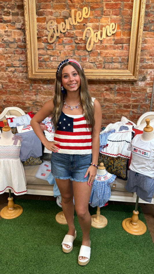 American Flag Tank Top for kids, sleeveless with flag print. Available in sizes XS-XL.