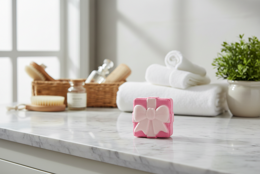 Square pink Sugar Plum Present Bath Fizzer shaped like a gift box with a bow.