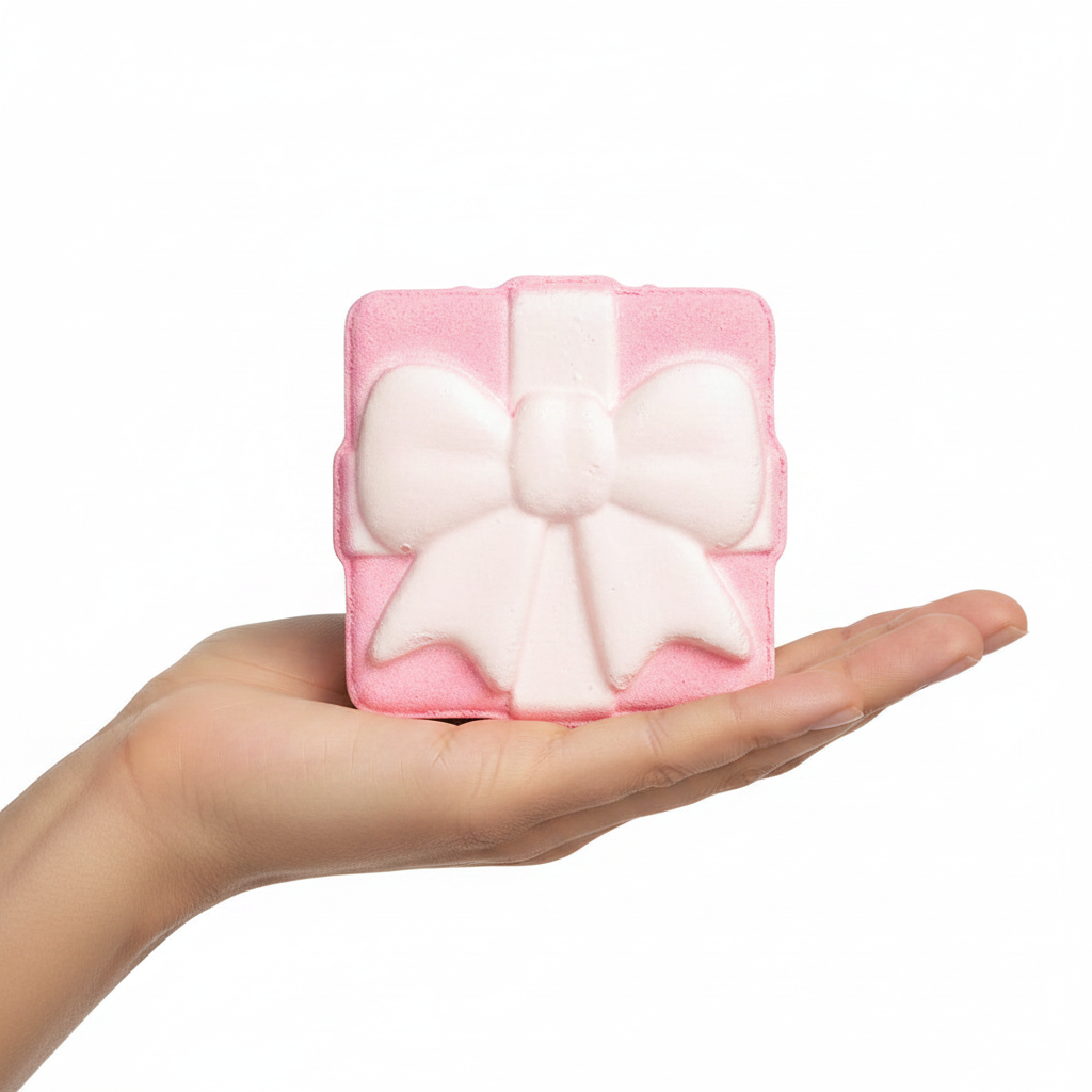 Square, gift-box-shaped Present Bath Fizzer in Sugar Plum with a bow on top.